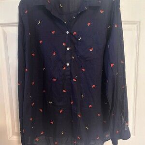 GAP Blouse Womens Size L Navy Fruit Print Popover Long Sleeve Button Front